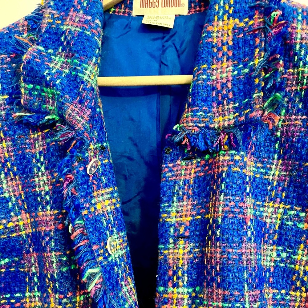 Vintage Bright Blue Plaid Neon Pink Green Business Fringe Blazer Suit Coat - Picture 13 of 14